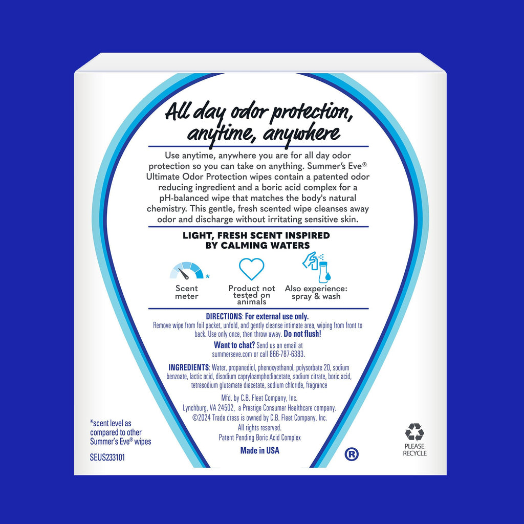 Summer's Eve Feminine Wipes, 12 ct (Pack of 3) | Ultimate Odor Control | Boric Acid | pH Balance | On-the-go