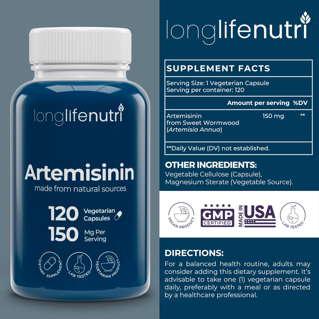 LongLifeNutri Artemisinin 150mg - Extracted from Sweet Wormwood, 120 Vegetarian Capsules, Organic Artemisia Annua Supplement for Daily Detox, 4-Months Supply, GMP Certified, Made in USA
