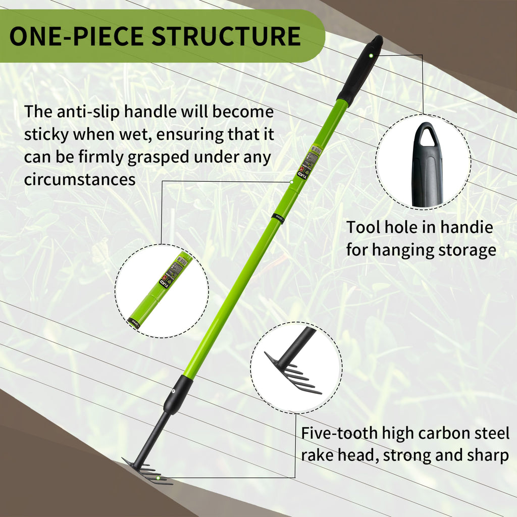 Telescopic Garden Rake, 27-40" Adjustable Hand Rake with 5 Metal Tines