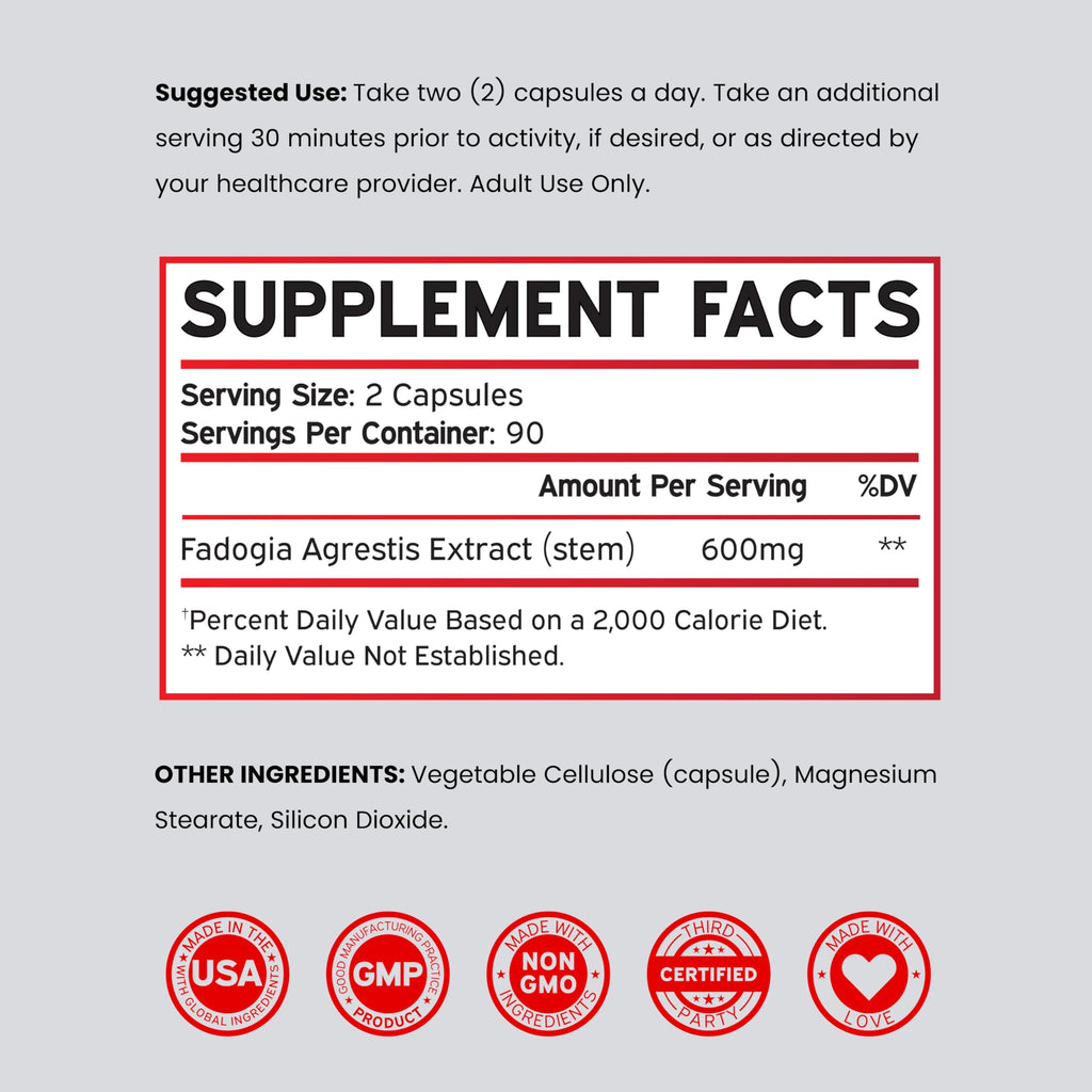 Fadogia Agrestis 600mg Extract - (180 Capsules) - [Maximum Strength] - Strength, Drive, Athletic Performance, Muscle Mass - Third Party Tested - Zero Fillers - Gluten Free, Non-GMO, Vegan Capsules