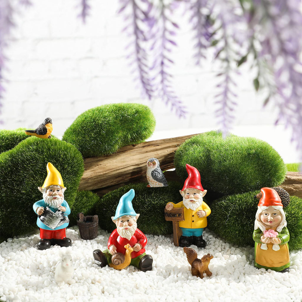 Jetec 10 Pcs Mini Fairy Gnomes Statue Garden Accessories Kit Miniature Garden Resin Gnomes Hand Painted Squirrel Hedgehog Owl Bird and Bucket Ornament for Yard Lawn Home Outdoor Decoration