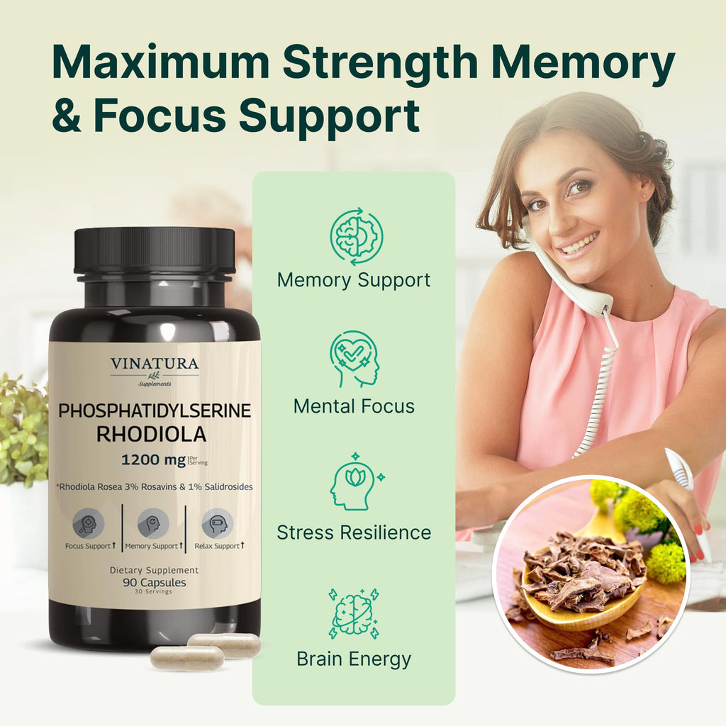 VINATURA PhosphatidylSerine 1200mg - with Rhodiola Rosea, 90 Capsules 30 Servings