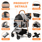 Dog Cat Stroller for Small/Medium Pets up to 50 lbs, 3-in-1 Foldable Pet Stroller with Detachable Carrier, Car Seat, Storage Basket, Cup Holder, Hanging Bag, Rain Cover, All-Terrain 4 Wheels (Grey)