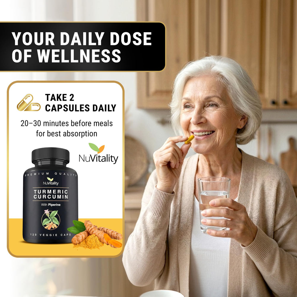 NuVitality Turmeric Curcumin Supplement with Black Pepper Extract (BioPerine) - 95% Curcuminoids for Joint & Inflammation Support - Enhanced Absorption Vegan Turmeric Supplement - 120 Capsules