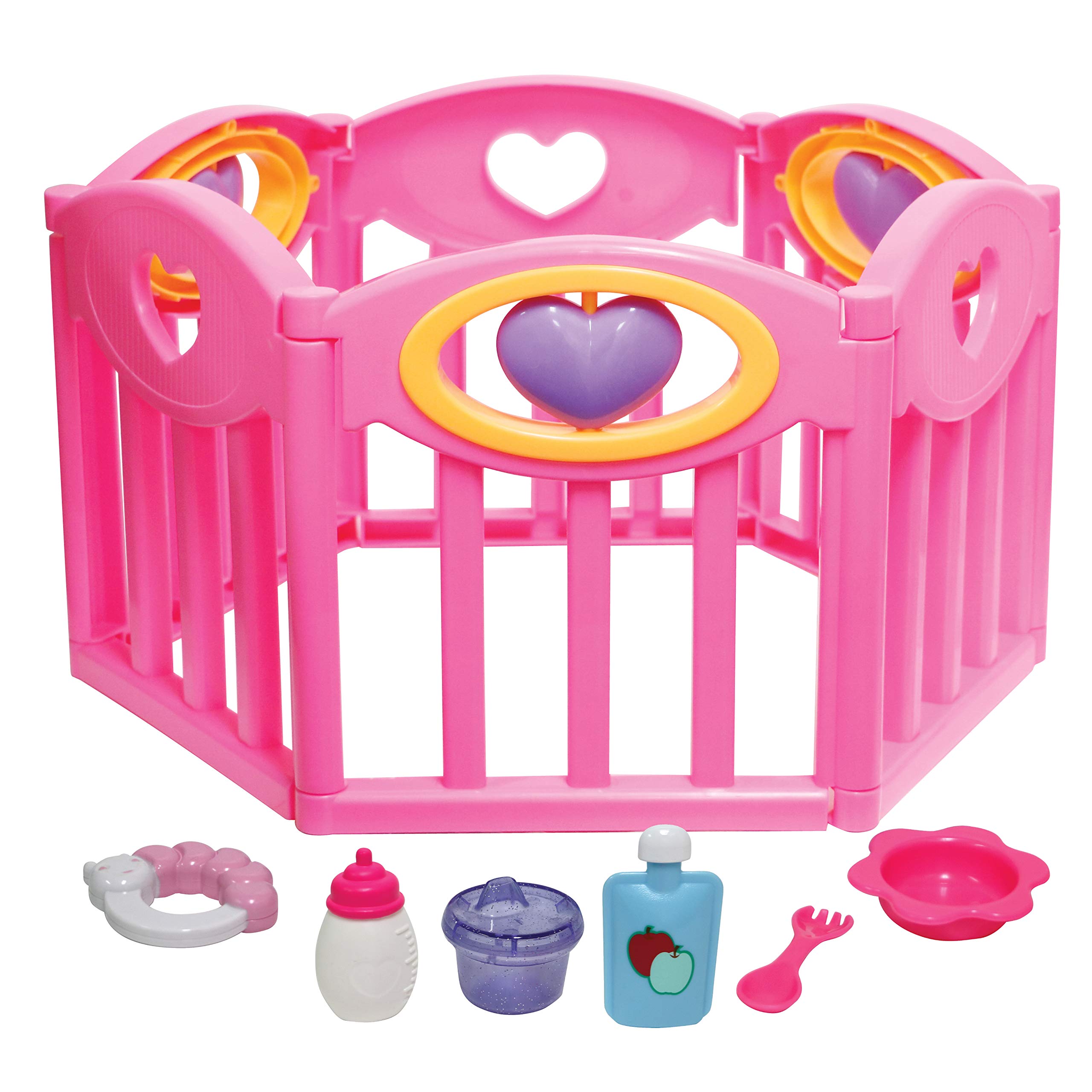 JC Toys Baby Doll Play Pen Gift Set for Keeps Playtime!|Fits Dolls up to 17" | Adjusts to Different Shapes | Play Accessories| Ages 2+, Pink