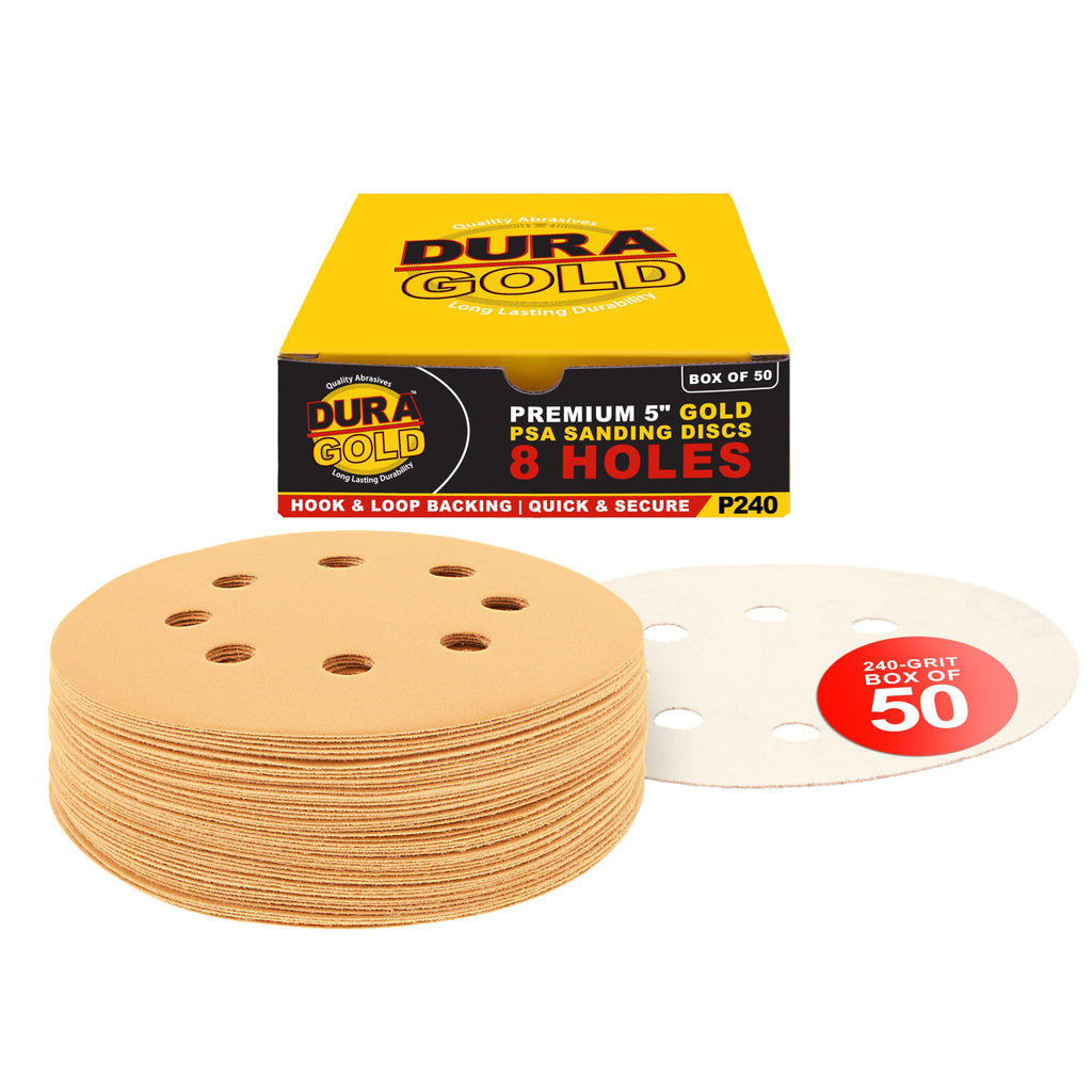 Dura-Gold Premium 240 Grit 5" Sandpaper Discs, 8 Hole Pattern Dustless, 50 Discs - Hook & Loop Backing for Orbital DA Sander, Detailing Finishing Color Sanding Automotive Paint Woodworking