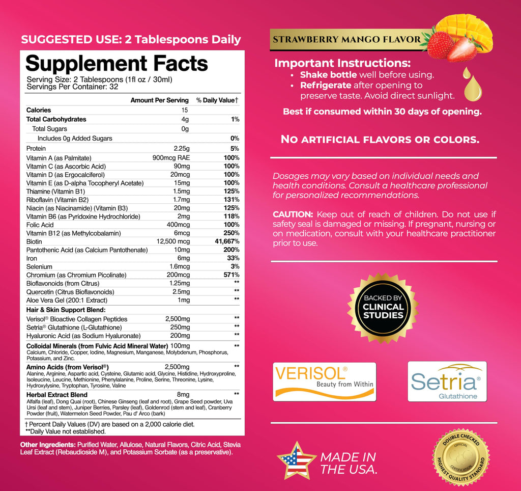 Tropical Oasis Women's Liquid Multivitamin + Hair Growth | Clinically Tested for Thicker Hair, Wrinkles, Brighter Skin, Strong Nails | 2.5g Verisol Collagen | Biotin 12500mcg | 32 Serv