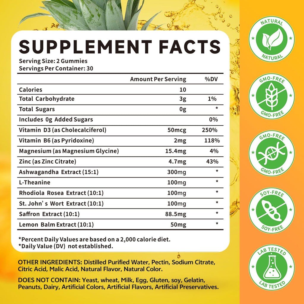 10-IN-1 Saffron Gummies, Sugar Free Saffron Supplements with Ashwagandha, L-Theanine, Rhodiola Rosea, Vitamin D3, B6, Magnesium & Zinc for Mood, Energy, Focus Support, Pineapple Flavor, 60 Count