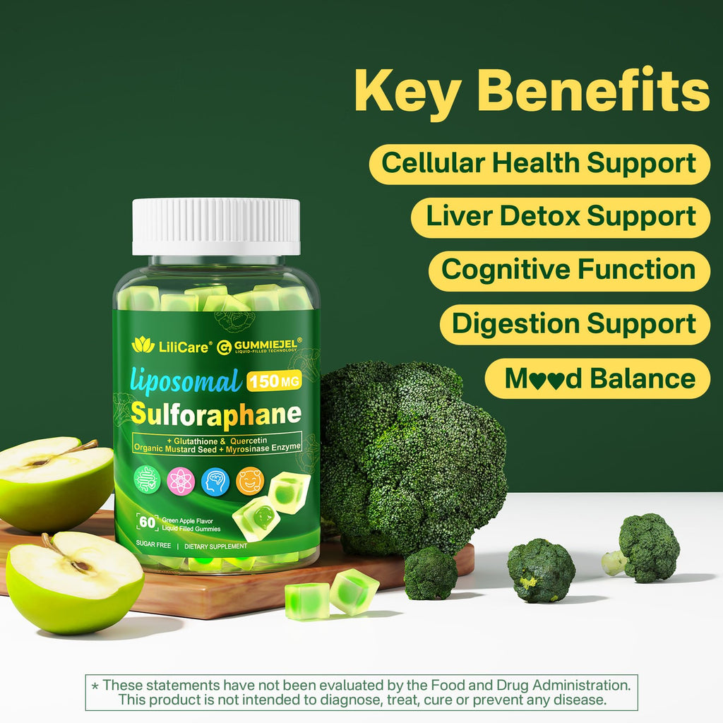 Liposomal Sulforaphane Supplement 150mg, from Broccoli Seed Extract w/Myrosinase, Quercetin, Glutathione, Sulforaphane Supplement Gummies for Antioxidants Detox Cellular Brain Health, Chewable 60Cts