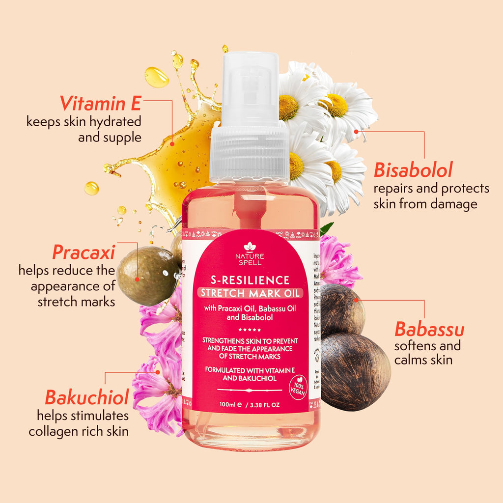 Nature Spell Stretch Mark Body Oil, Strengthens Skin Elasticity & Helps With the Appearance of Stretch Marks and Scars, Infused With Vitamin E, Vegan, 100ml