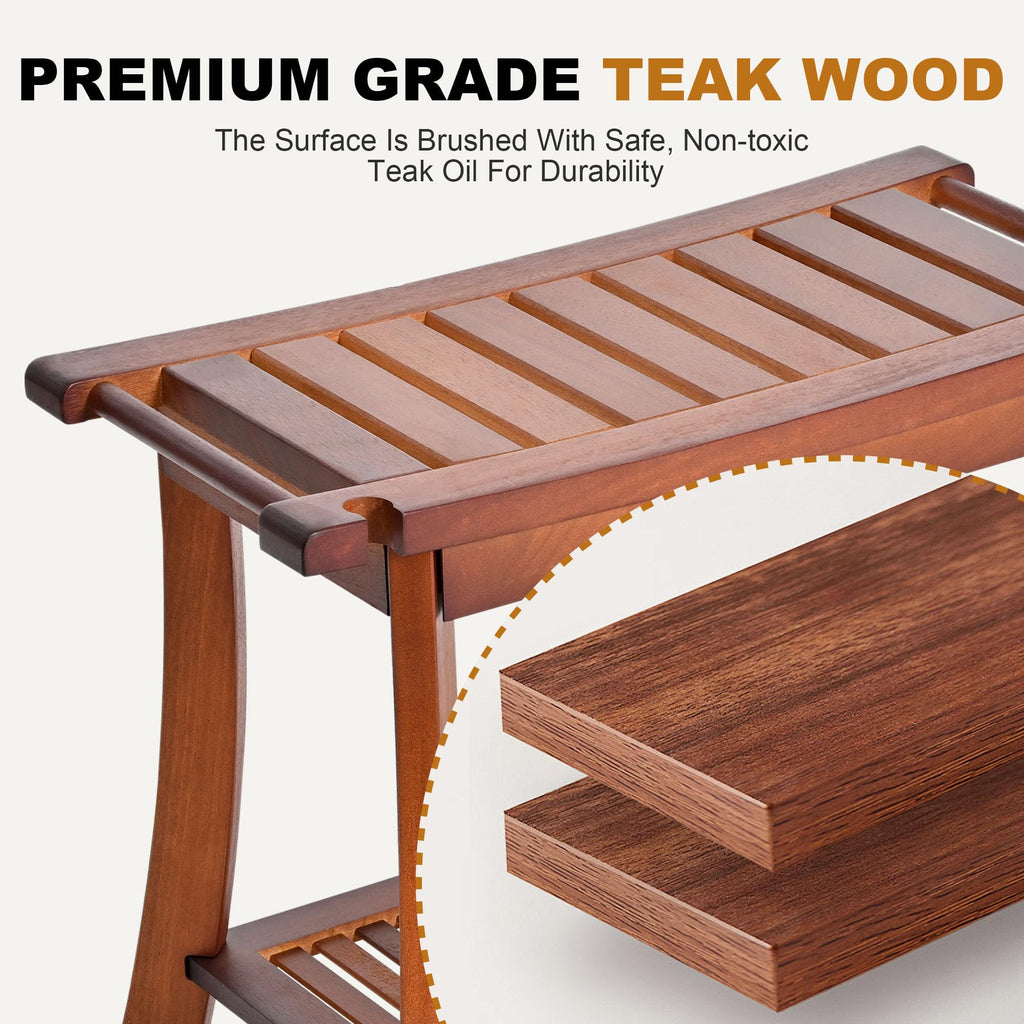 Jekruiet Teak Shower Chair Stool, 24" Shower Bench Seat, Wooden Bathroom Bench with Storage Shelf for Indoor & Outdoor Use