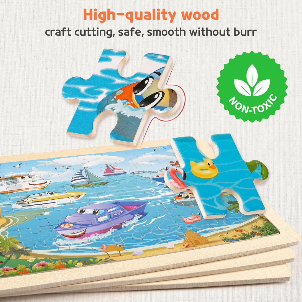 SYNARRY Large Wooden Vehicle Jigsaw Puzzles for Kids Ages 4-8, 60-Piece