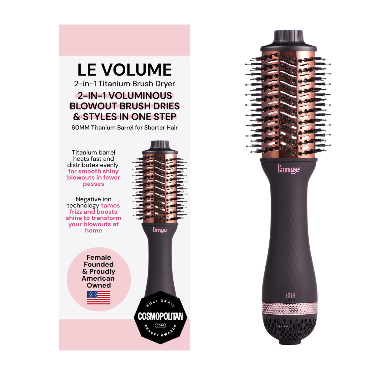 L'ANGE HAIR Le Volume 2-in-1 Titanium Blow Dryer Brush | Frizz Control Blowout Hair Dryer Brush for Drying and Styling | Volumizing Hot Air Styler for All Hairstyles | Oval Barrel | Black - 60mm