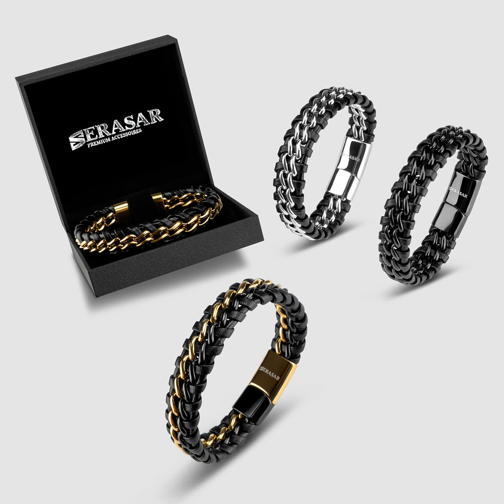 SERASAR Leather Men Bracelet Black Gold Steel Braided Jewelry Gift 8 inch