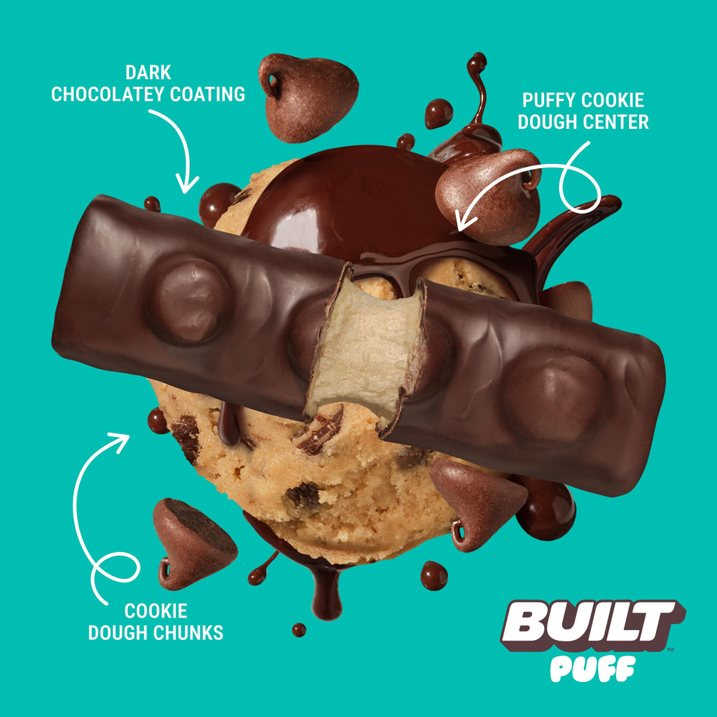 Built Bar 12 Pack High Protein and Energy Bars - Low Carb, Low Calorie, Low Sugar - Covered in 100% Real Chocolate - Delicious, Healthy Snack - (Cookie Dough Chunk Puff)
