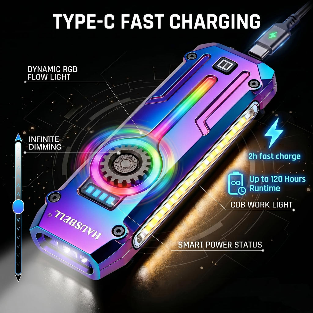 Flat EDC Flashlight 1800 High Lumens, Stainless Steel Rechargeable Pocket Light with UV Blacklight, Red Light for Cats, Arrow-Shaped RGB Beacon, Magnetic Work Light,USB-C Stepless Dimming (Iridescent)