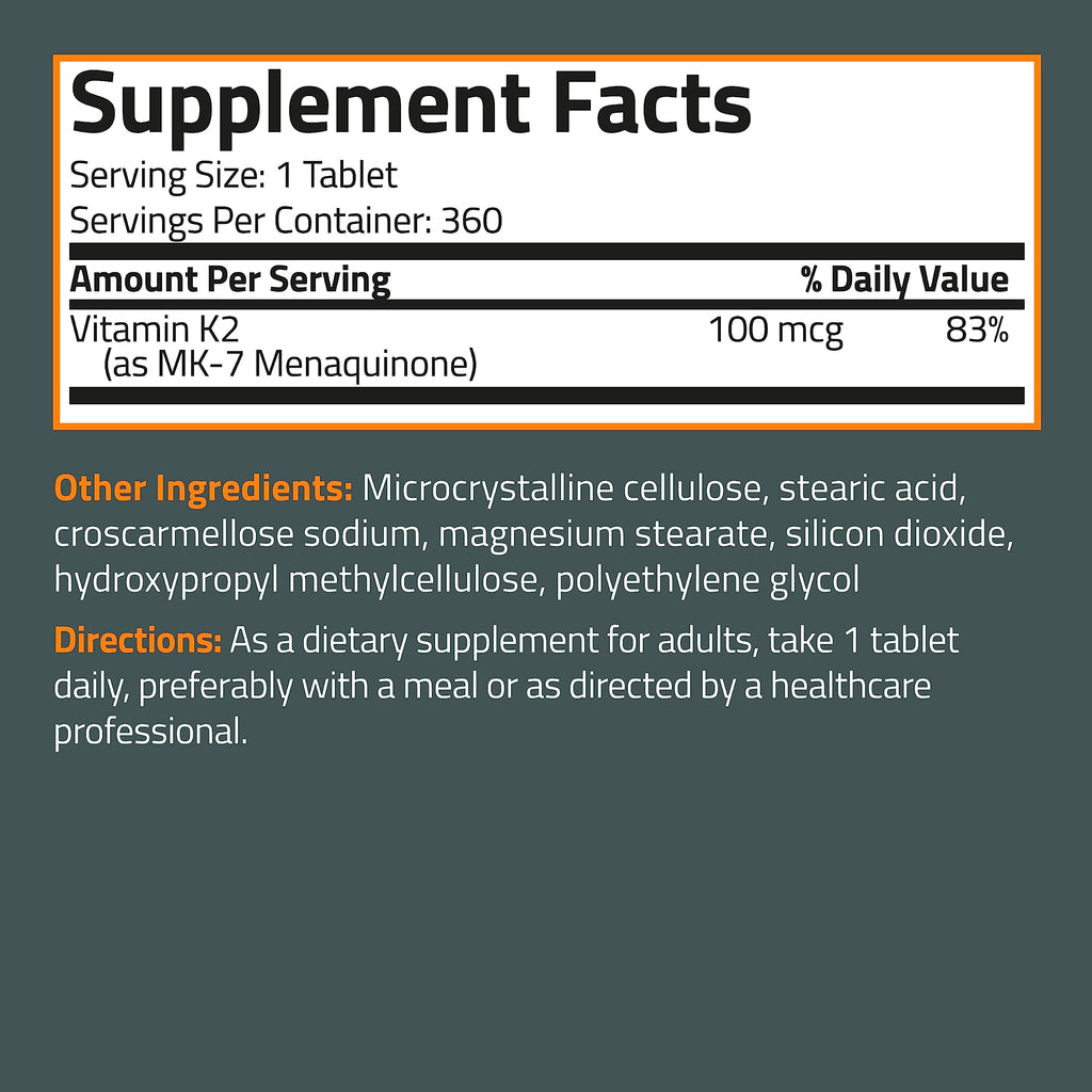 Bronson Vitamin K2 MK-7 100 MCG, K2 as MK7 Menaquinone, Bone Support 1 Year Supply, 360 Tablets