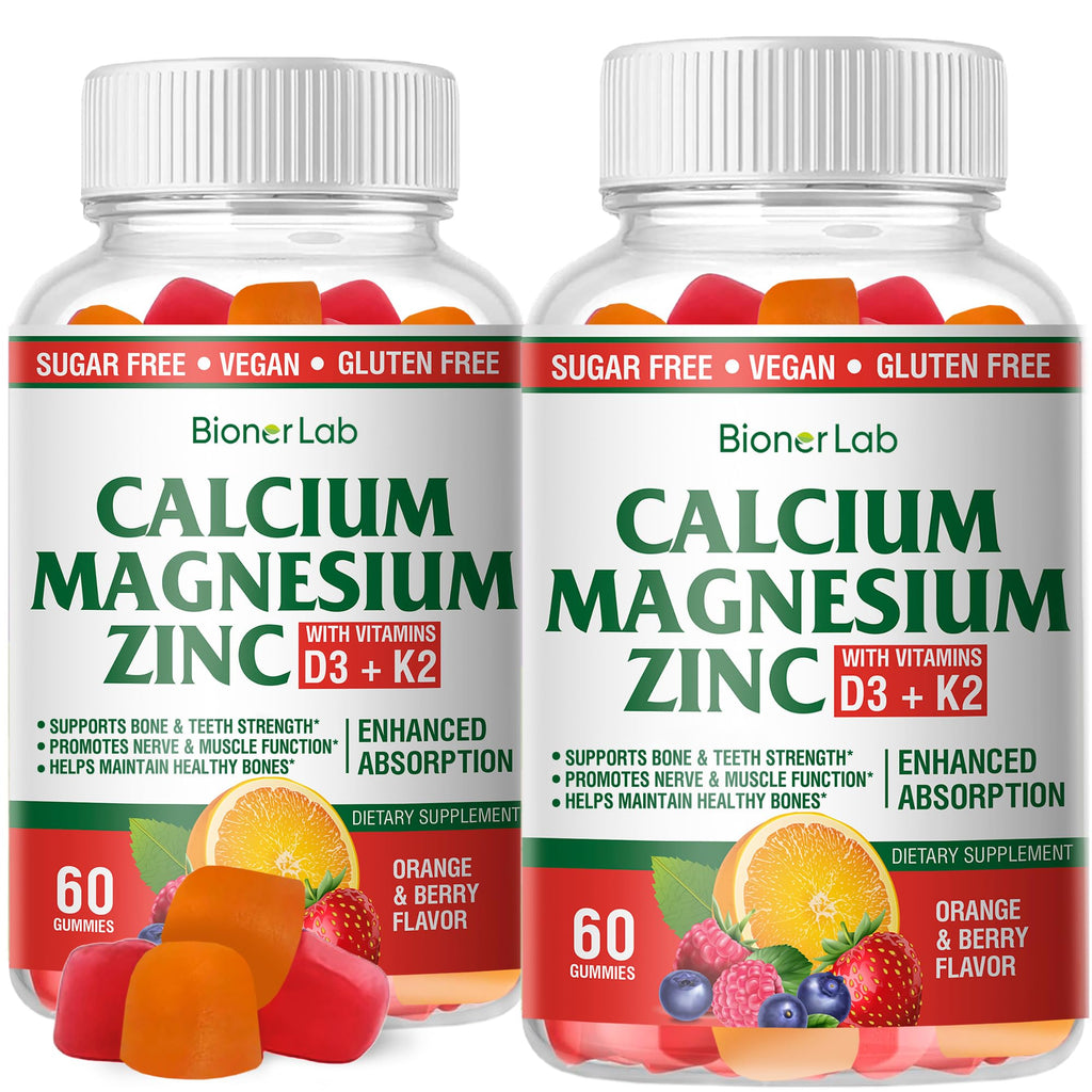 BionerLab Calcium Magnesium Zinc Gummies with Vitamin D3 & K2 - High Potency Enhanced Absorption - Orange and Berry Flavored