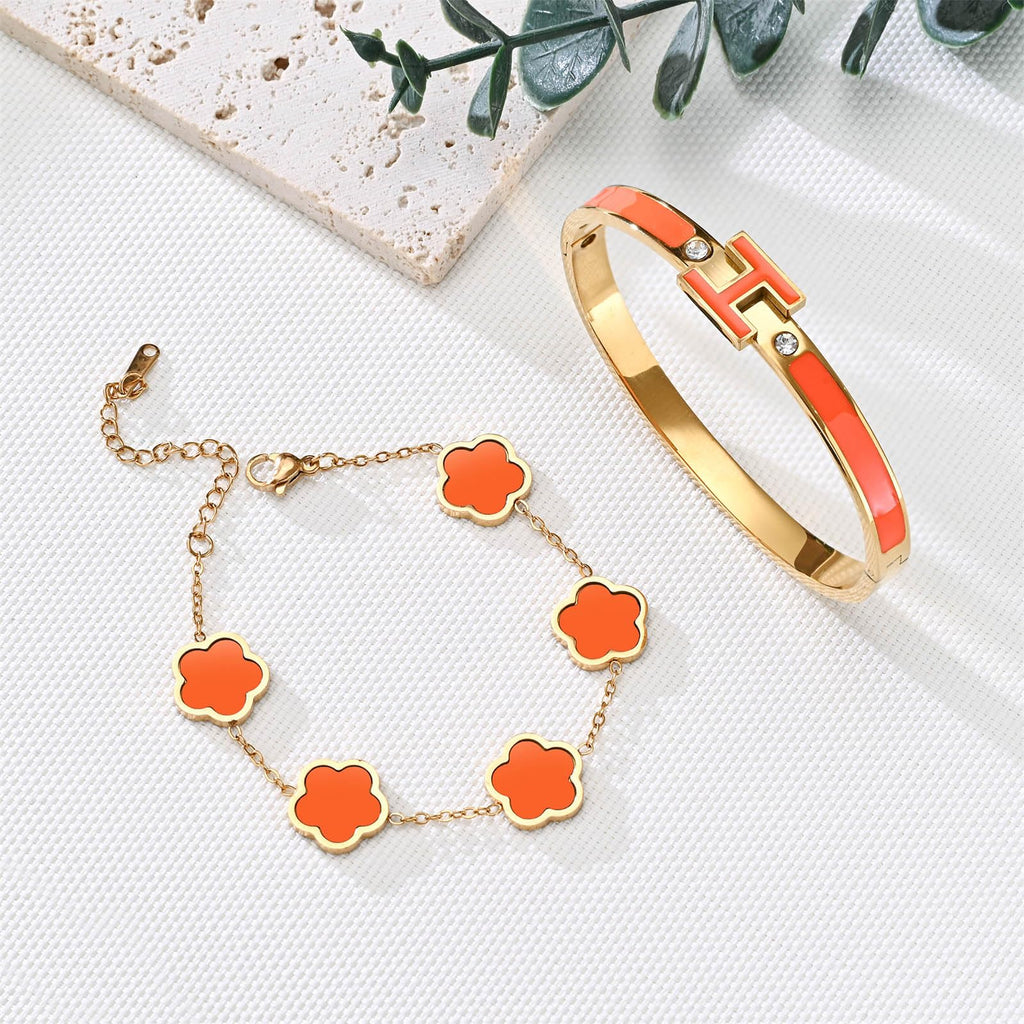 fekang Gold H Bangle & Clover Bracelet for Women -Orange bracelet Set