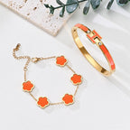fekang Gold H Bangle & Clover Bracelet for Women -Orange bracelet Set