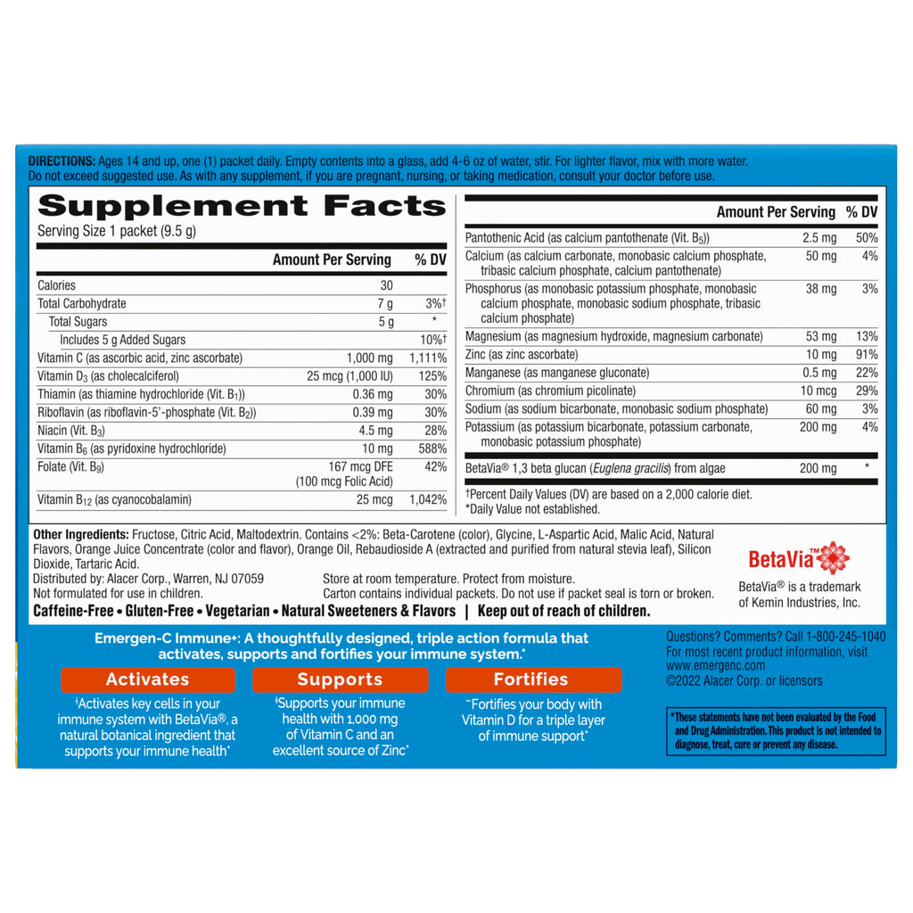 Emergen-C Immune+ Triple Action Immune Support Powder, BetaVia (R), 1000mg Vitamin C, B Vitamins, Vitamin D and Antioxidants, Super Orange – 30 Count