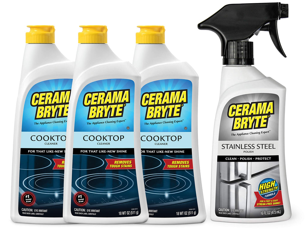 Cerama Bryte Stainless Steel Appliance Cleaner & Removes Tough Stains Cooktop and Stove Top Cleaner for Glass - Ceramic Surfaces, 16 & 18 Ounces, 3-18 Ounces + 1-16 Ounce