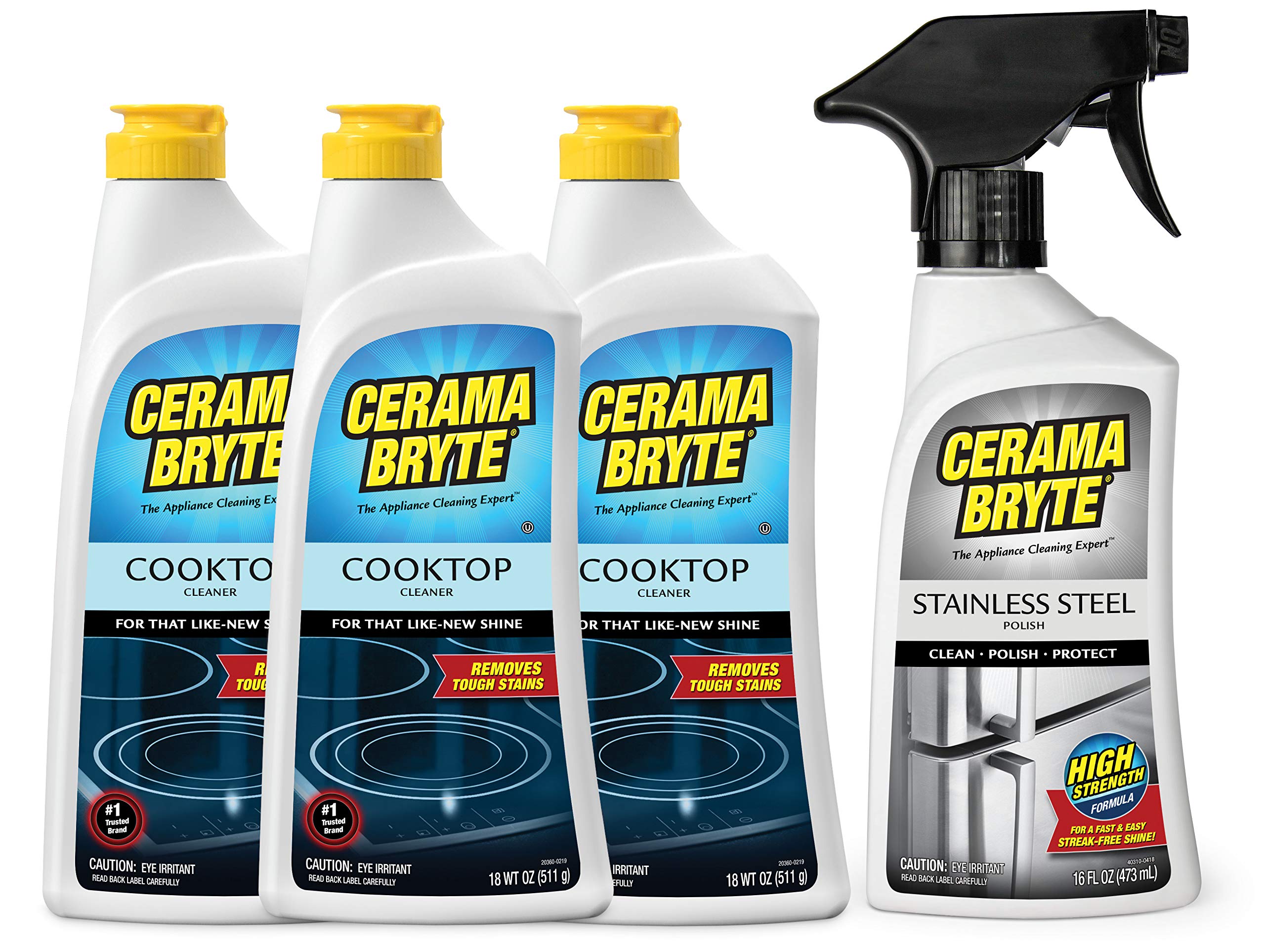 Cerama Bryte Stainless Steel Appliance Cleaner & Removes Tough Stains Cooktop and Stove Top Cleaner for Glass - Ceramic Surfaces, 16 & 18 Ounces, 3-18 Ounces + 1-16 Ounce