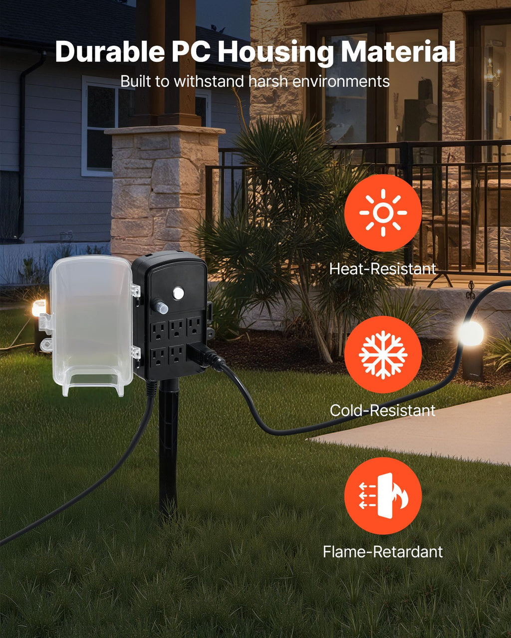 VEVOR Outdoor Power Stake, 15 FT Extension Cord, Outdoor Power Strip Weatherproof with Cover and Overload Protection, 6 Outlets, 15A/1875W, Waterproof Multi-Outlet Yard Stake for Christmas Lights