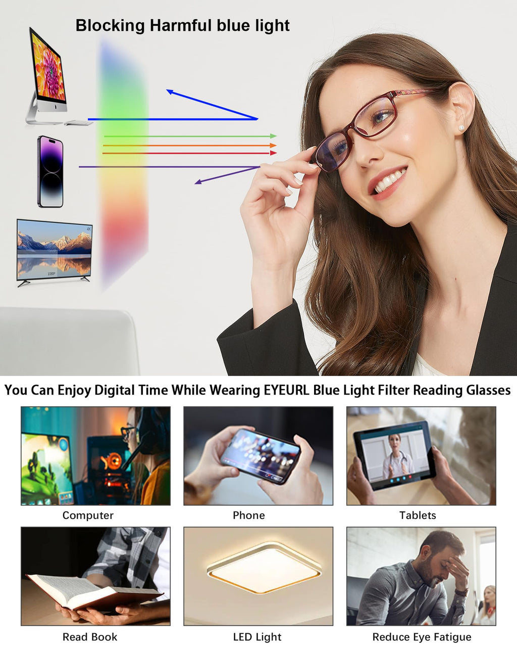 EYEURL 2 Pack Reading Glasses for Women Blue Light Blocking Computer Readers 1.50 Rectangular Frames Lightweight TR90 Anti Glare Eyestrain