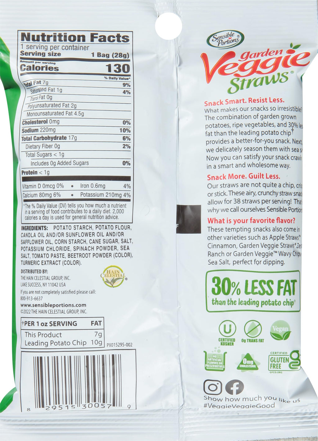 Sensible Portions Garden Veggie Snacks - Veggie Straws, Gluten Free, Snack Size Sea Salt, 1 Oz (Pack of 24)