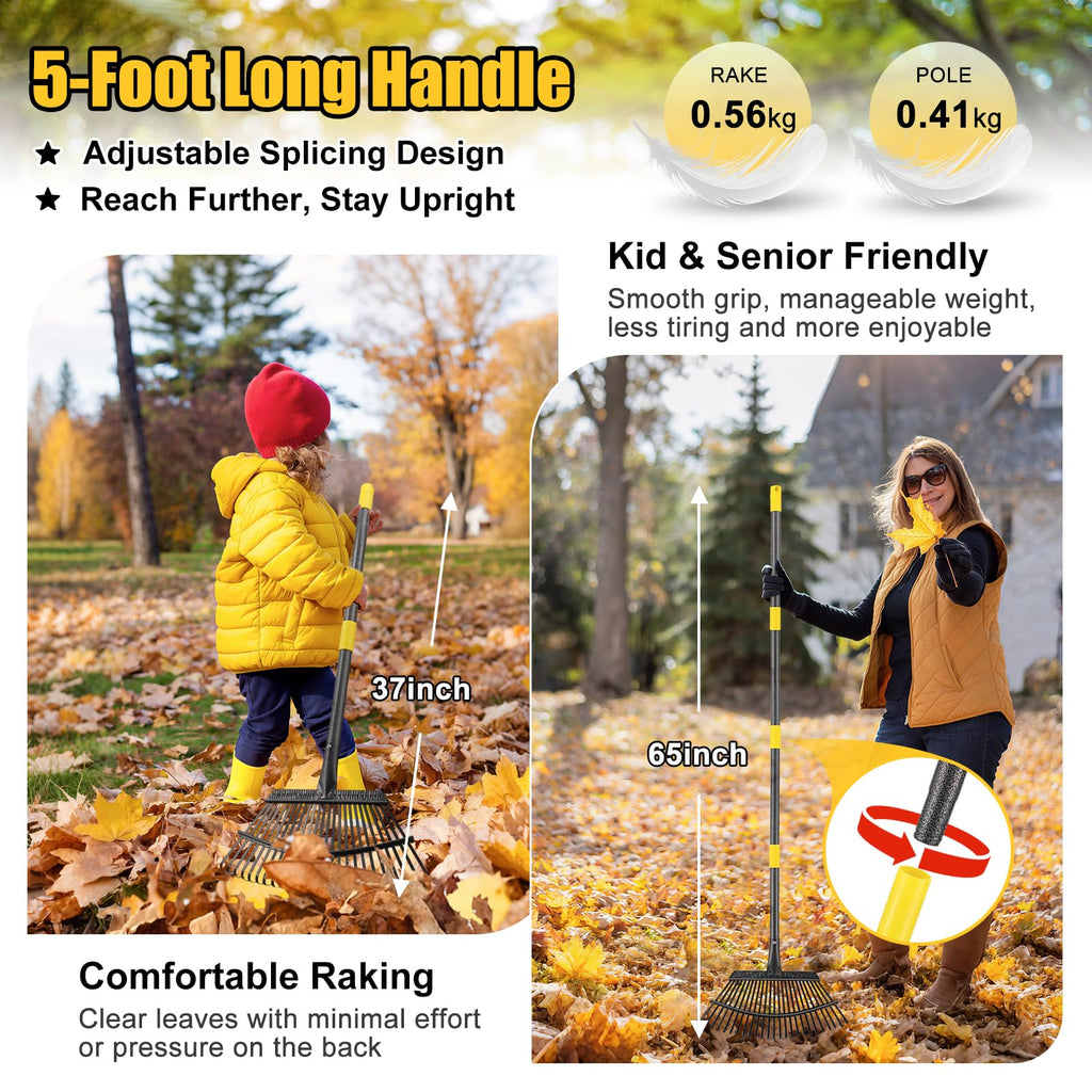 Garden Rake for Leaves: 18” Wide Metal Leaf Rake, 65” Long Adjustable Handle, Heavy Duty 25 Teeth, Fast Kids Women Large Lawn Yard Garden Leaf Cleanup Gardening Rakes: Grass,Debris,Pine Needles Pick