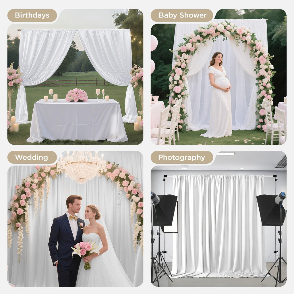 Joydeco White Curtains Backdrop for Wedding Parties, Photo Backdrop Curtains for Wedding Decorations Birthday, Wrinkle Free Polyester 5ft x 10ft Fabric Drape 2 Panels with Rod Pockets