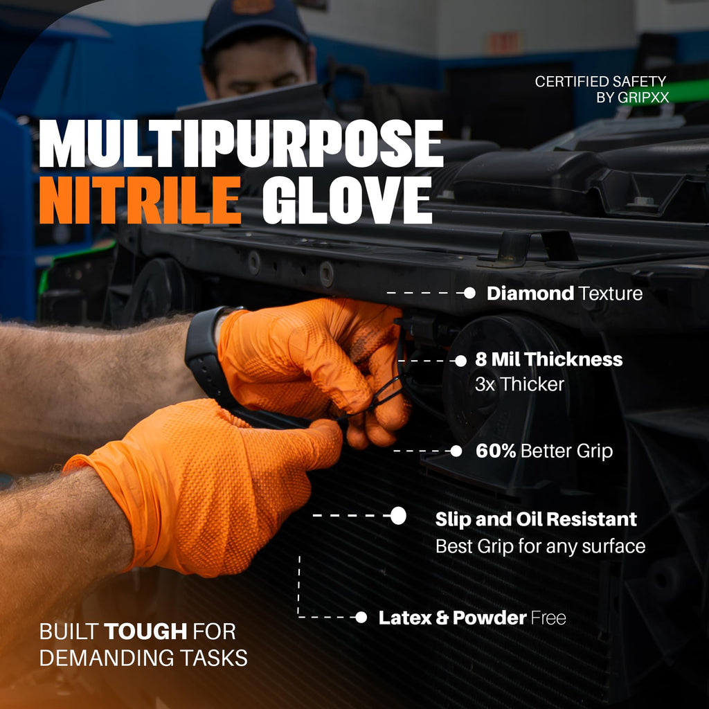 GRIPXX Herkules Grip Heavy Duty 8Mil Orange Nitrile Gloves,3D Raised Diamond Texture-Latex & Powder Free-Industrial, Mechanic (10, Large)