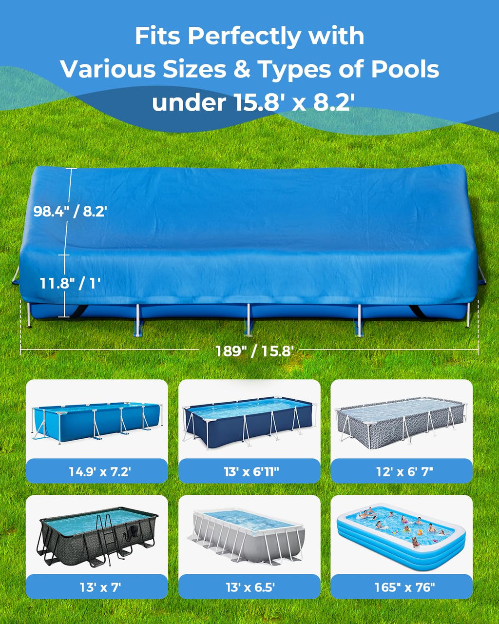 Reinmoson Rectangle Pool Covers for Above Ground Pools Fits 12’ x 7’ to 15’ x 8’ Pools, Rectangular Inflatable Pool Cover with Elastic Edge & Integrated Drawstring for Bestway/Intex/Coleman Pool