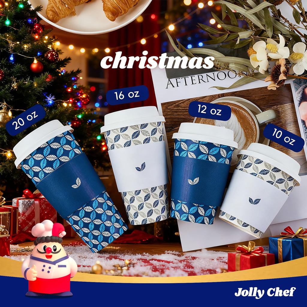 JOLLY CHEF 100 Pack 20 oz Disposable Coffee Cups, Hot Paper Coffee Cups with Lids, Sleeves and Stirrers for Home, Office, Cafe (Blue Leaf and Grey Leaf)