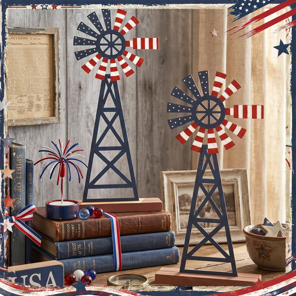 Tandefio 2 Pcs 11.8 Inch Metal Patriotic Farmhouse Windmill Tabletop Decor