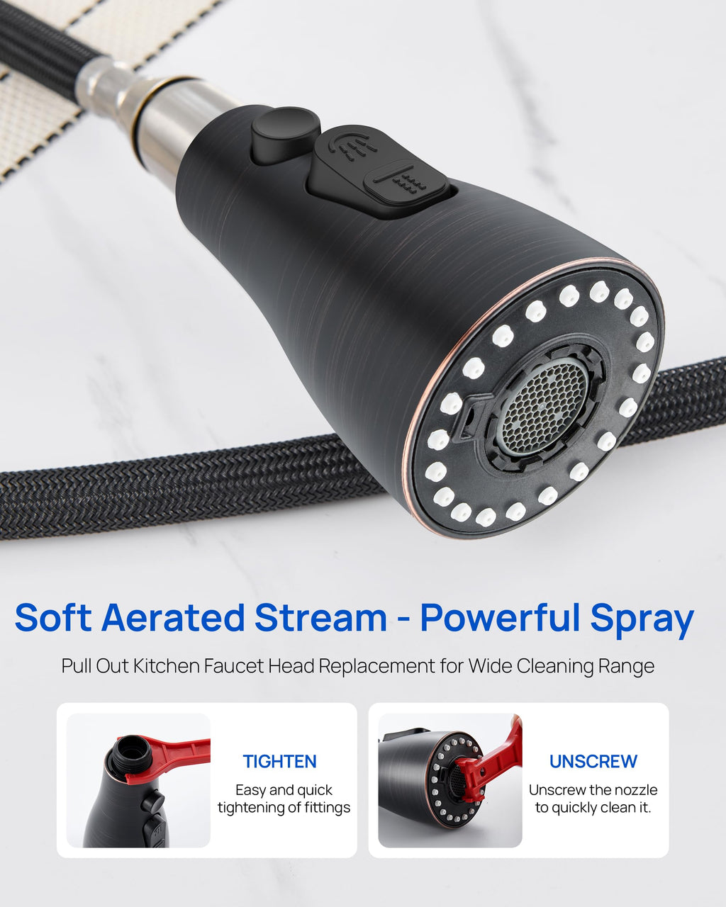 J-HVA Metal Kitchen Faucet Head Replacement – 3 Mode High-Pressure Sink Sprayer Replacement with 15 Nozzle Adapters, Durable Pull Down Spray Head for Kitchen Sink, Oil Rubbed Bronze, Stainless Steel