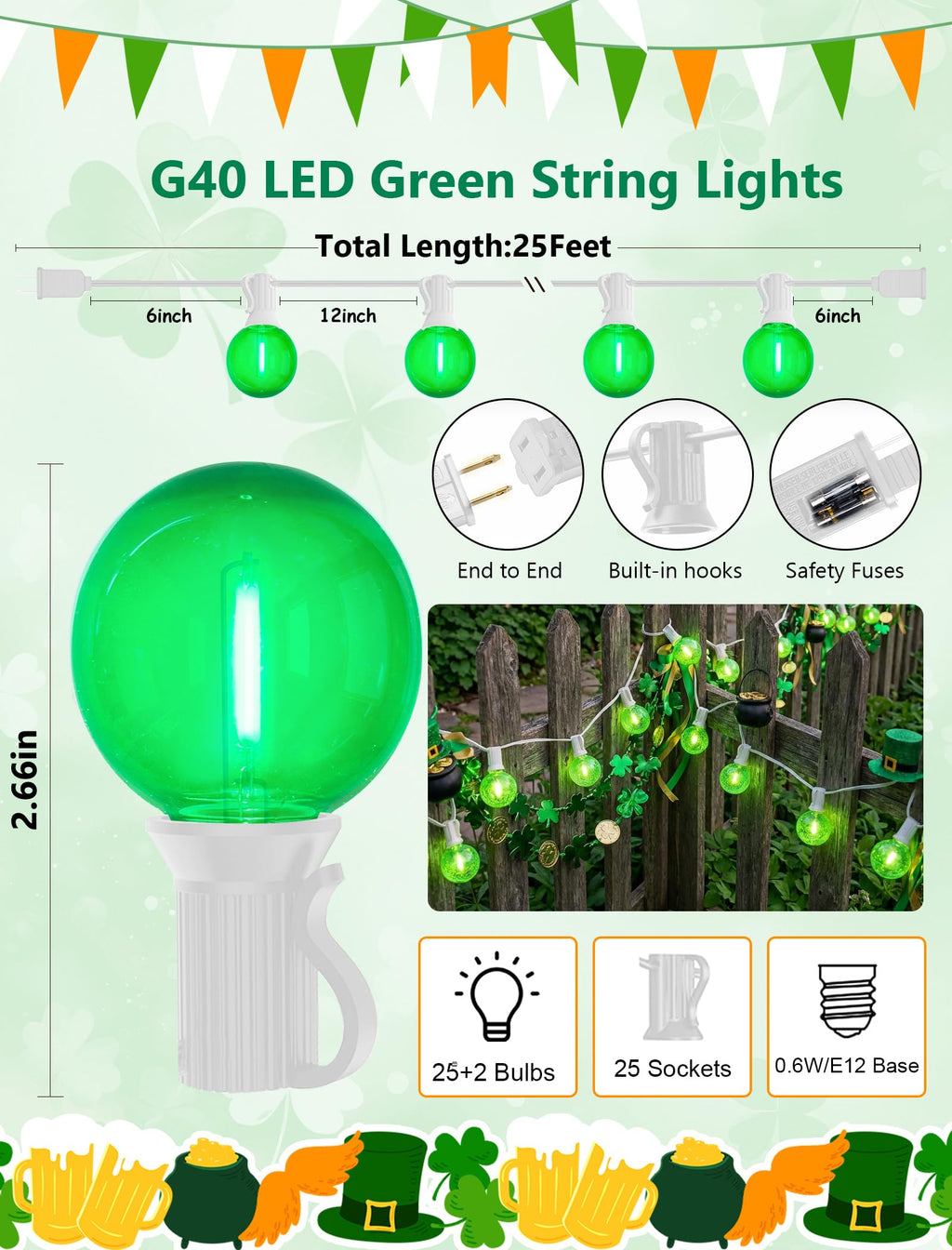 25Ft G40 LED Outdoor Globe String Lights, Outdoor St. Patrick's Day Decorations Lights with 27 Shatterproof Green Bulbs, Hanging Patio Light Waterproof for Irish-themed Party Backyard Garden Wedding