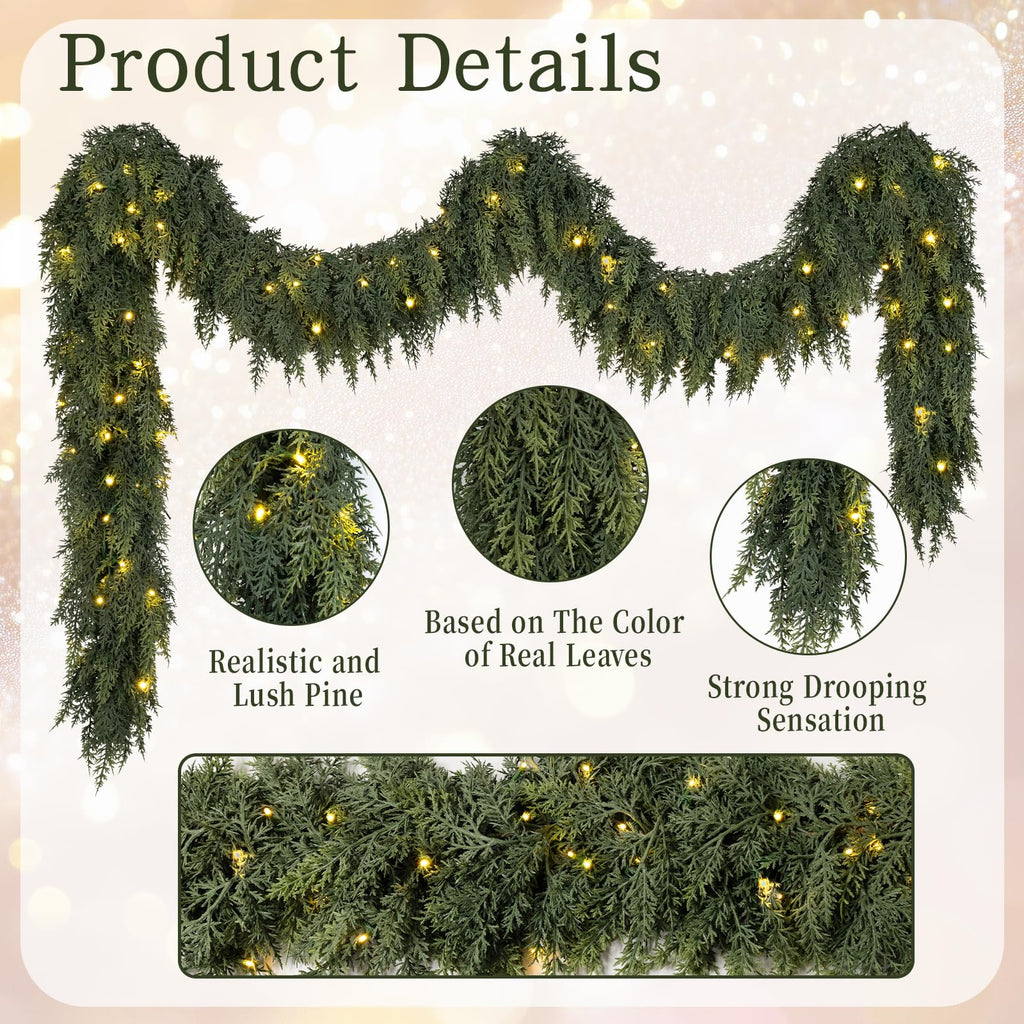 9FT Pre-lit Christmas Garland with Lights Cedar Garland Christmas Decor