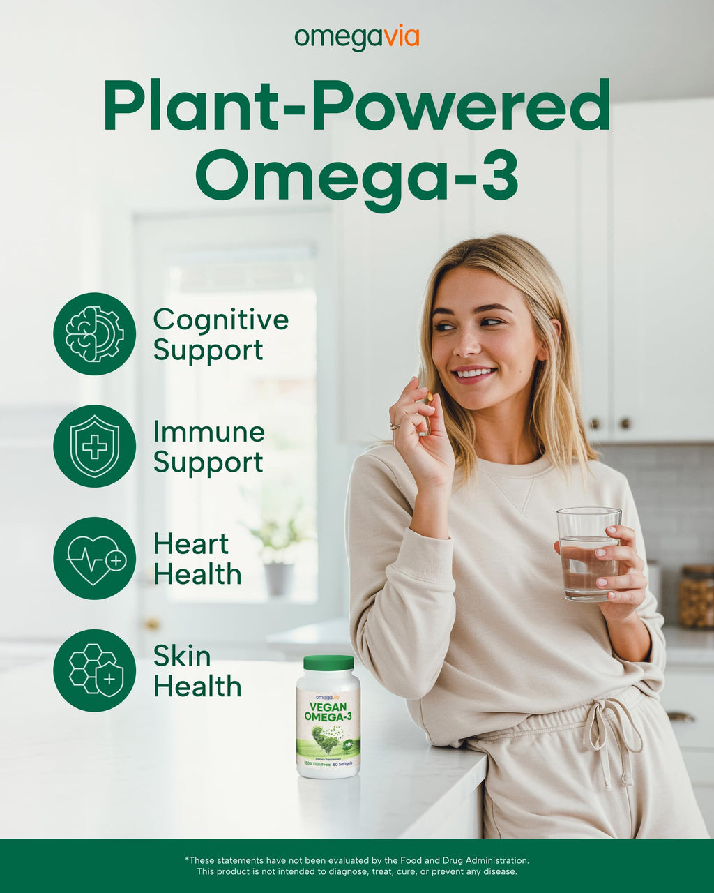 OmegaVia Vegan Omega 3 Supplement, Algae Omega 3 Fish Oil Alternative, 300mg Vegan DHA Fatty Acids, Plant Based, Planet and Ocean Friendly, IAOS 5 Star Tested, 60 Softgels