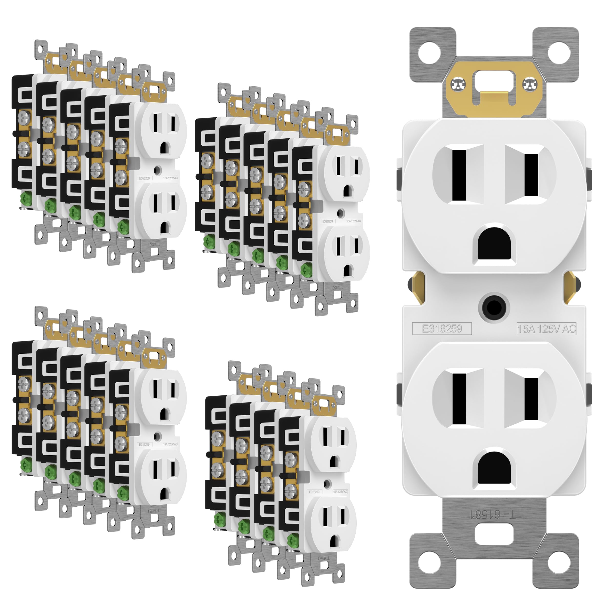 ENERLITES Duplex Receptacle Outlet, Residential Grade Electrical Wall Outlet, 15A 125V, Self-Grounding, 2-Pole, 3-Wire, UL Listed, 61581-W-20PCS, White (20 Pack)
