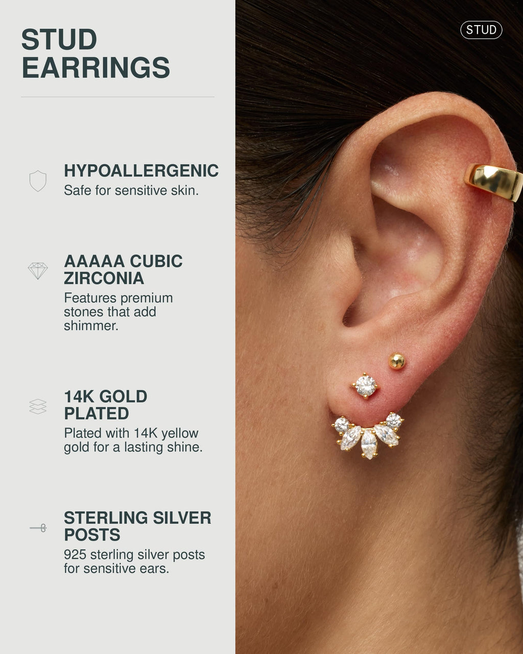 PAVOI Stud Earrings for Women, 925 Silver, Yellow Gold, Size 14 Millimeters