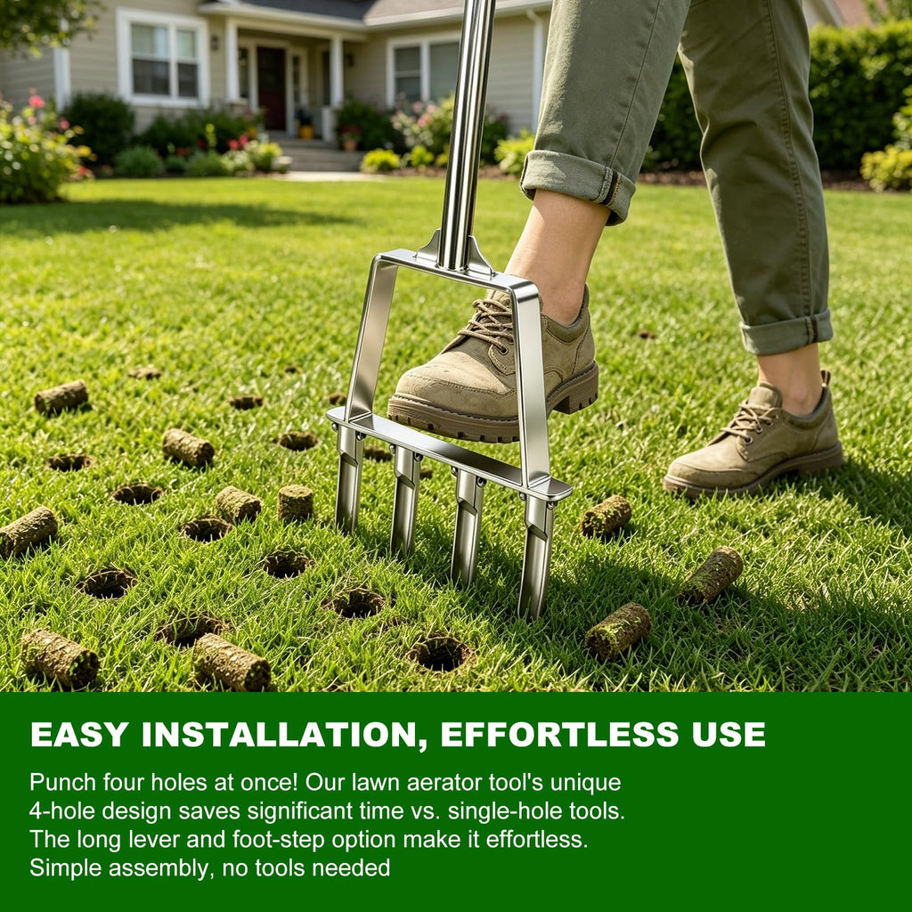 Qdreclod Core Aerator Lawn Tool Manual Lawn Aerator Tool with 4 Hollow Tines Non-Clogging Heavy Duty Plug Aerator for Soil Loosening Lawn Aeration, Revives Lawn Health,Garden Tool