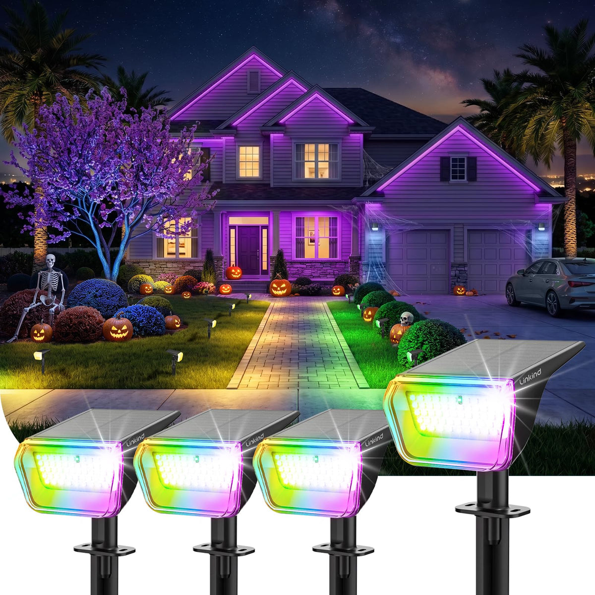 Linkind Halloween Solar Spot Lights Outdoor Waterproof Multicolor 4 Pack