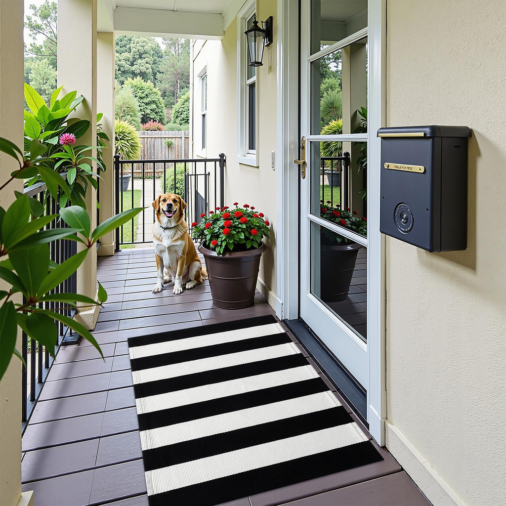 OLANLY Fall Door Mat, Black and White Striped Halloween Rug, 2'4" x 3'7"