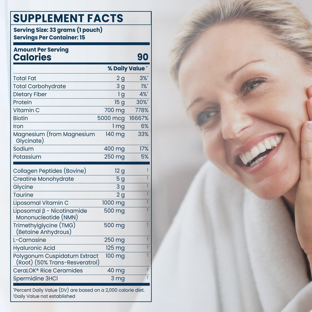 Renue Blue Skin Essentials Chocolate Drink Mix | Collagen Peptides Creatine & Protein Powder | Collagen (12g) Creatine (5g) Protein (15g) per Serving | Skin Hydration & Elasticity Support | 15 Sachets