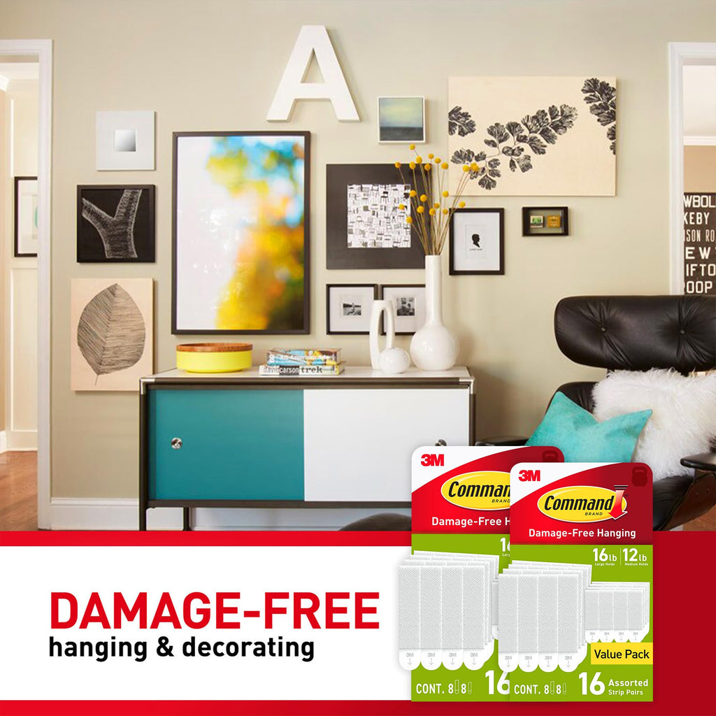 Command Medium and Large Picture Hanging Strips, Damage Free Hanging Picture Hangers, No Tools Wall Hanging Strips for Living Spaces, White, 16 Medium Pairs and 16 Large Pairs (64 Total)
