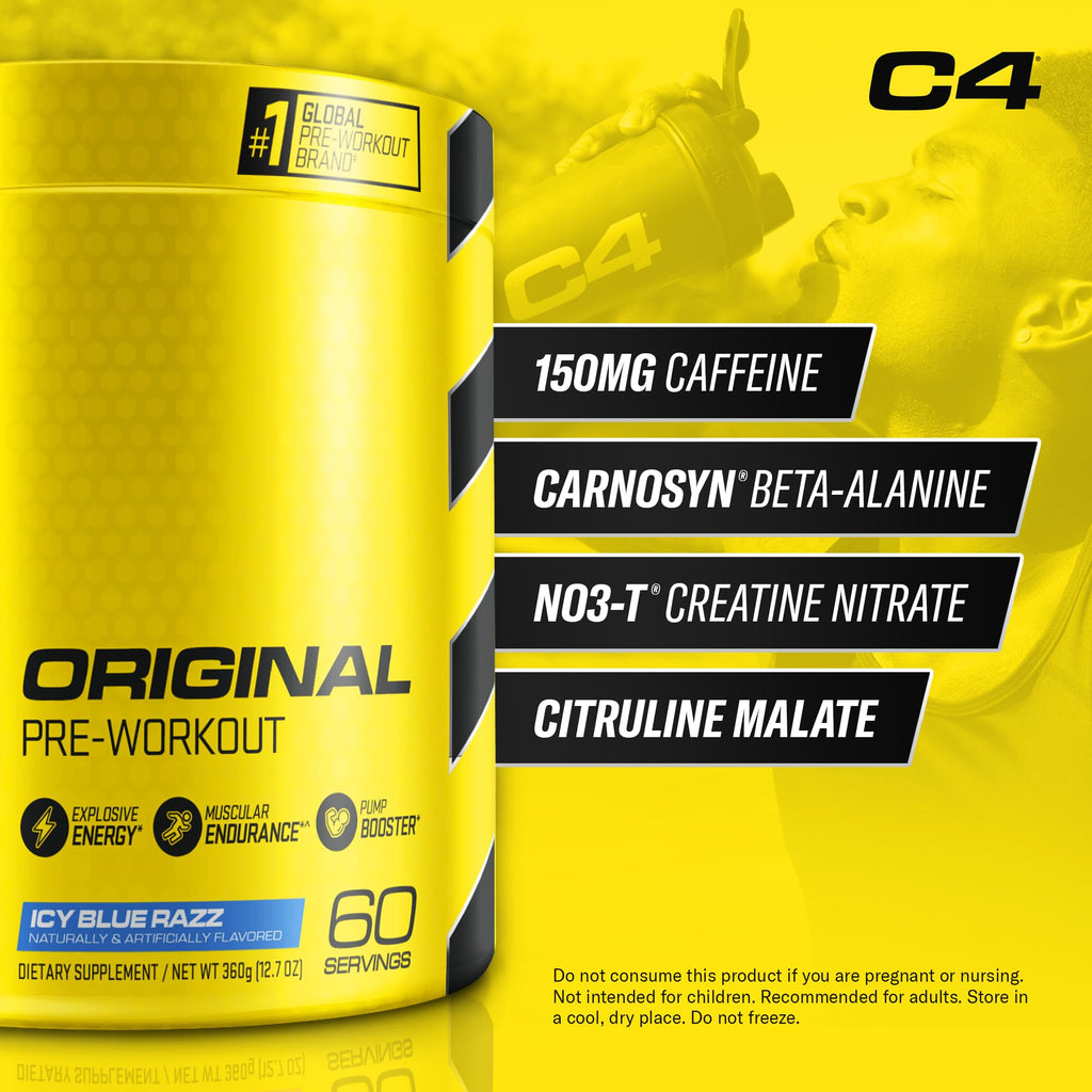 C4 Original Pre Workout Powder Icy Blue Razz - Vitamin C for Immune Support - Zero Sugar Preworkout Energy for Men & Women - 150mg Caffeine Plus Beta Alanine Plus Creatine - 60 Servings