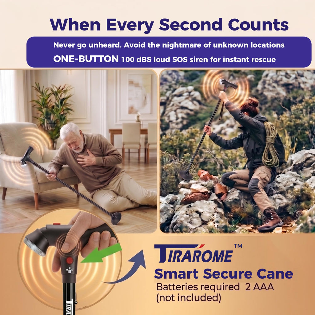 Walking Cane for Men & Women, 3-in-1 Folding Cane with Alarm and Light, Adjustable, Collapsible Walking Stick for Seniors and Adults Balance with a Second Handle