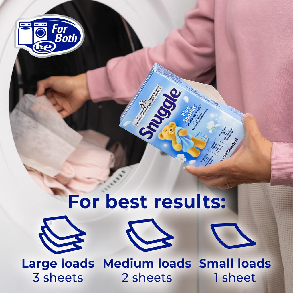 Snuggle Fabric Softener Dryer Sheets, Blue Sparkle Cuddle-Up Fresh, 230 Ct, Long-Lasting Fresh & Clean Scent, Softens Fabric, Reduces Static, Fights Wrinkles, Helps Repel Lint & Pet Hair, HE Safe